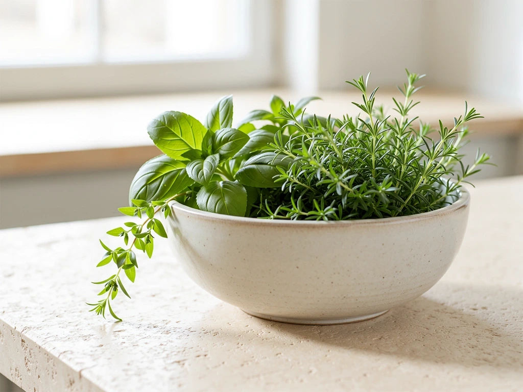 Tuoreet yrtit ja keraaminen astia